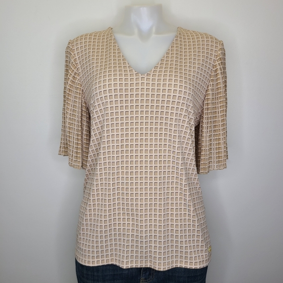 Calvin Klein Beige Checkered Square Print Accordion Pleated Sleeve Top Medium - Picture 2 of 12